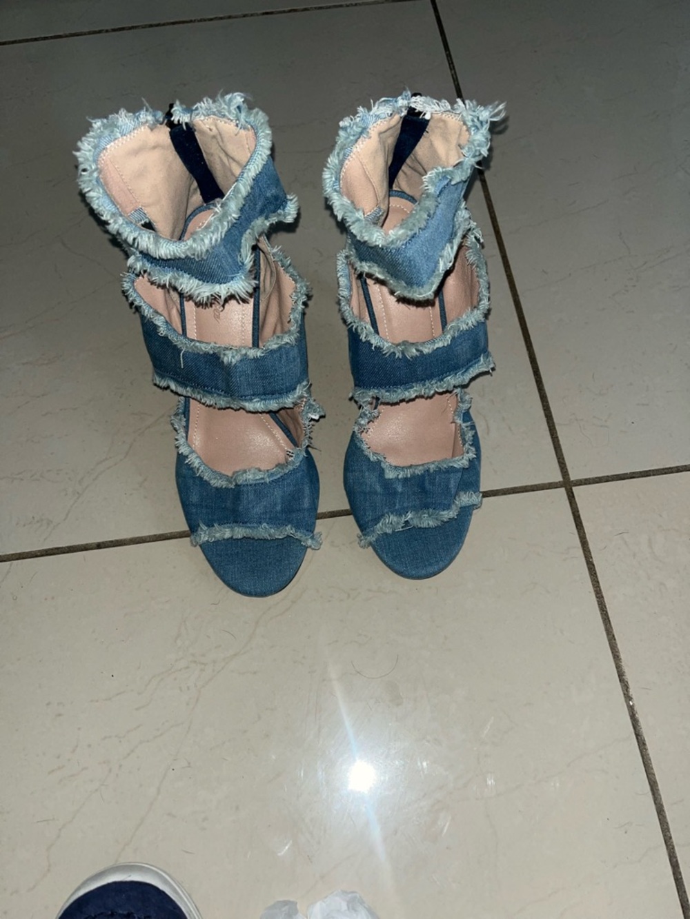 Frayed Denim Strappy High-Heel Sandals - Blue